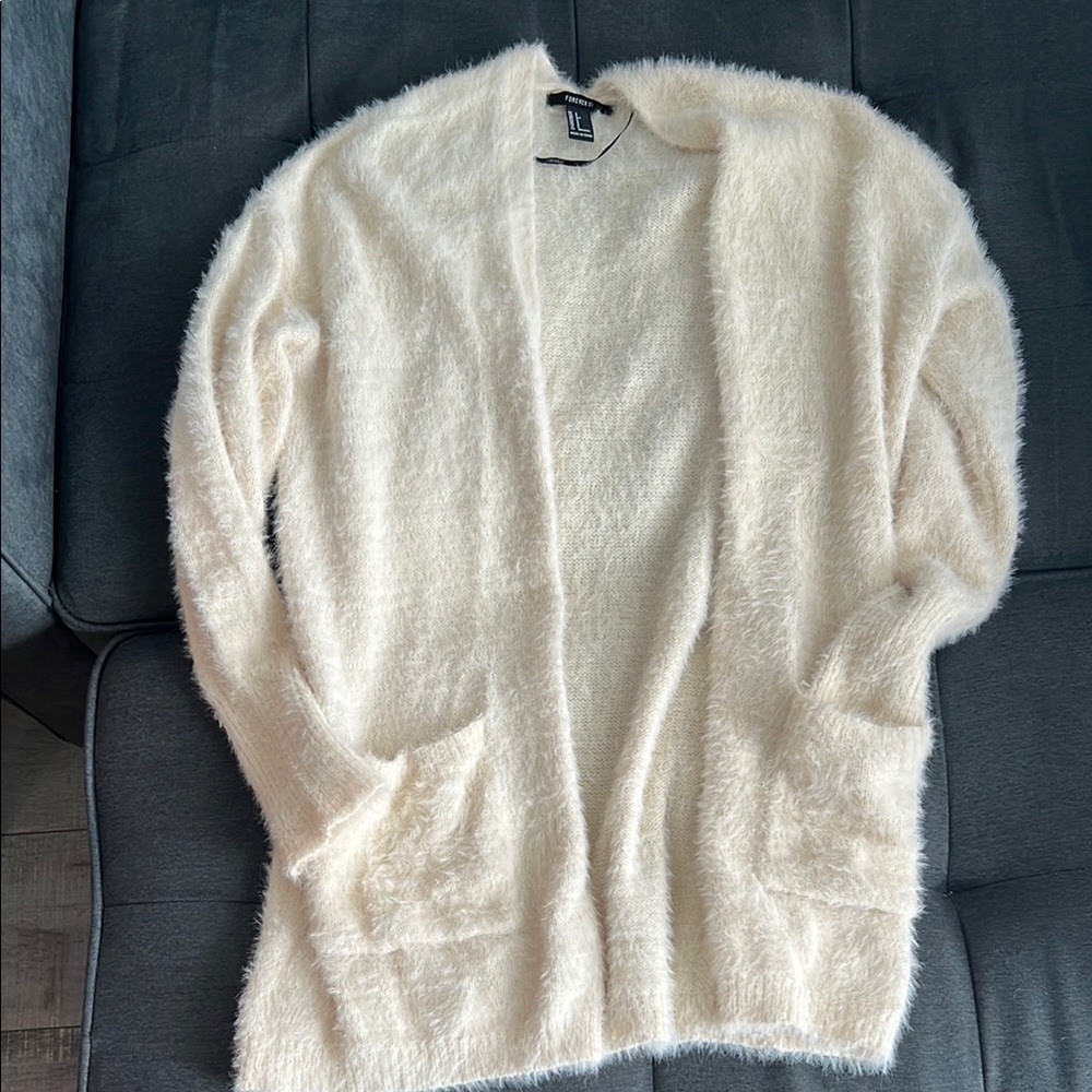 Fuzzy Cream Knit Cardigan Sweater